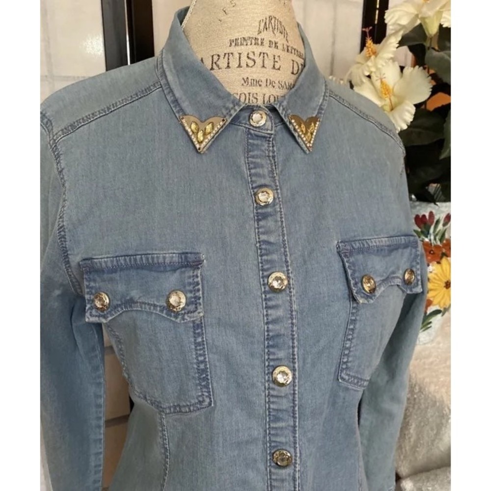 Vintage Cristina V embellished bling Crystal Western Country Denim Shirt Top M - Picture 7 of 12
